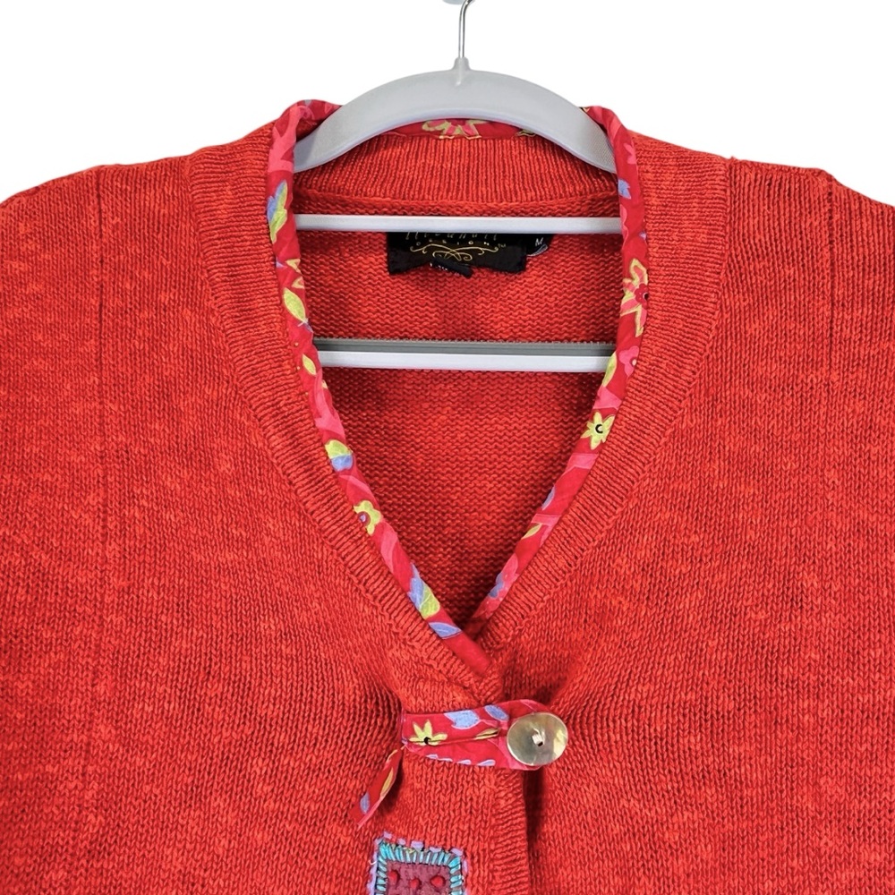 Icelandic Design Cardigan Sweater Linen Cotton Button Front Orange Patchwork M - Picture 3 of 14